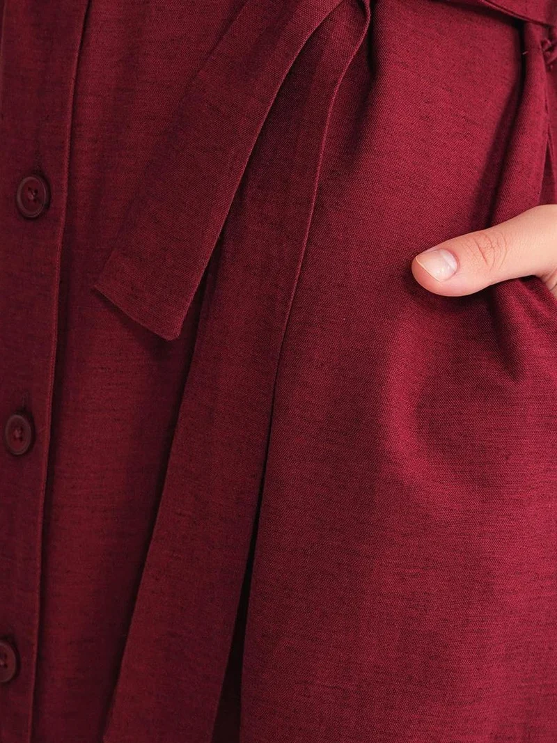 MixRay Burgundy Red Mixray Belted Shirt Dress for Women | Best Price UAE