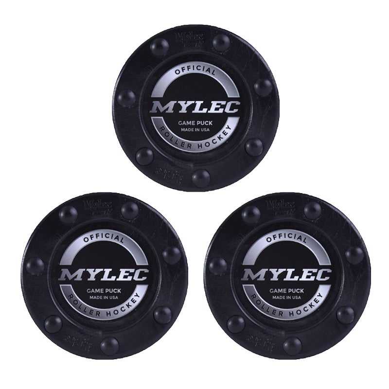 Mylec MyLec Hockey Pucks for Outdoor Hockey, Made with PVC, Hockey Stuff with Graphite Reinforced Shaft & Nylon Glides, Training Pucks for Street Hockey (Black, 110gm, Pack of 3)  - Image 1