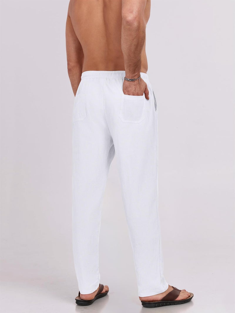 Puimentiua Mens Linen Pants Casual Drawstring Loose Lightweight Mens Pants Yoga Summer Beach Trousers (M291724-White) - Image 4
