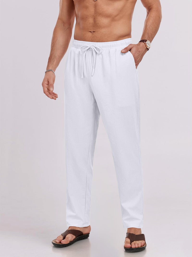 Puimentiua Mens Linen Pants Casual Drawstring Loose Lightweight Mens Pants Yoga Summer Beach Trousers (M291724-White) - Image 3