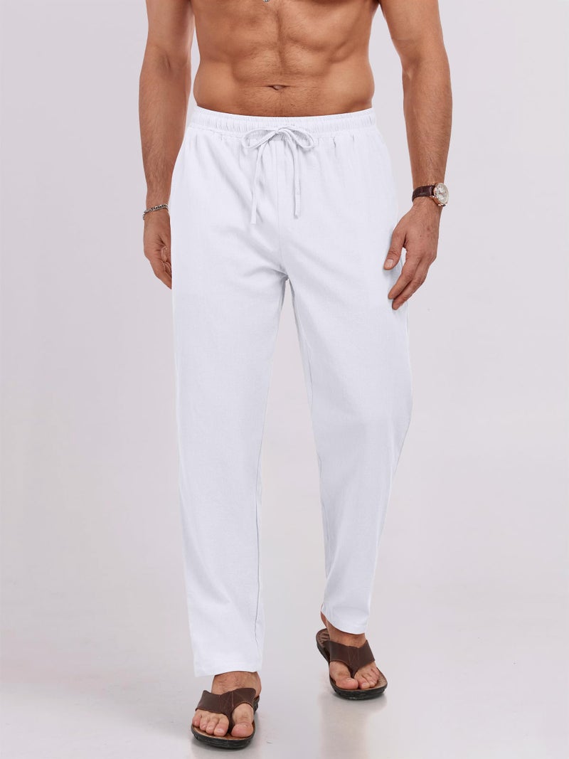 Puimentiua Mens Linen Pants Casual Drawstring Loose Lightweight Mens Pants Yoga Summer Beach Trousers (M291724-White) - Image 5