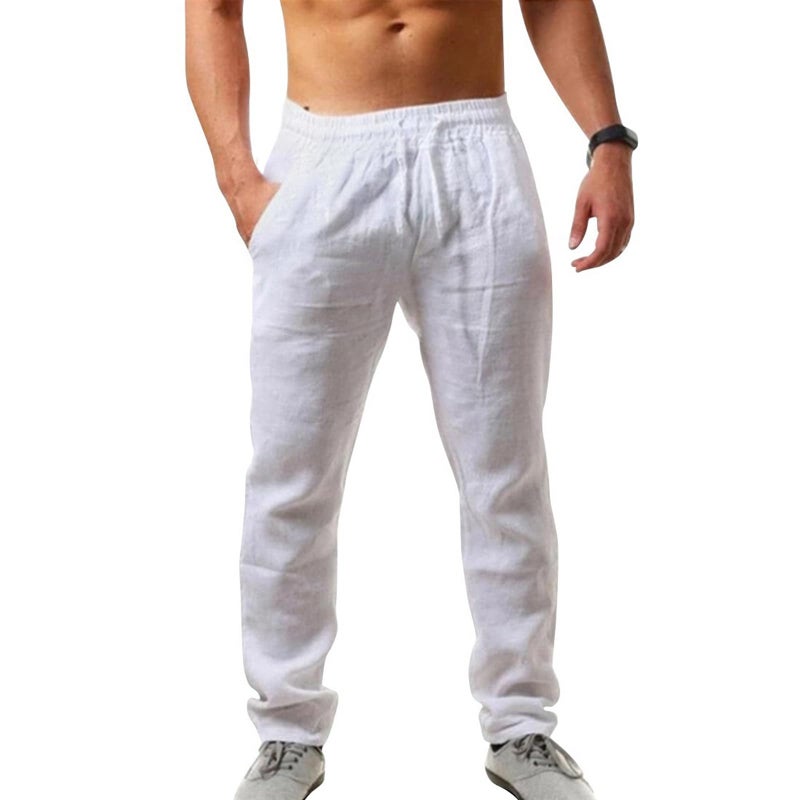 Puimentiua Mens Linen Pants Casual Drawstring Loose Lightweight Mens Pants Yoga Summer Beach Trousers (M291724-White) - Image 1