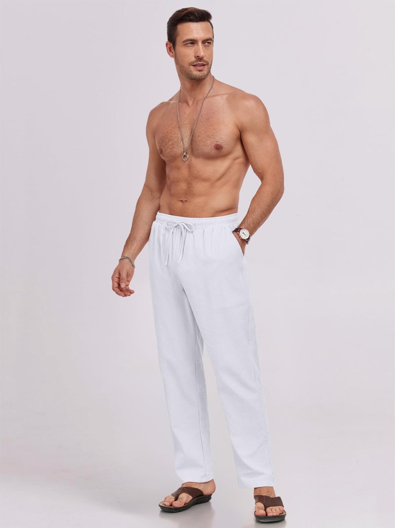 Puimentiua Mens Linen Pants Casual Drawstring Loose Lightweight Mens Pants Yoga Summer Beach Trousers (M291724-White) - Image 2