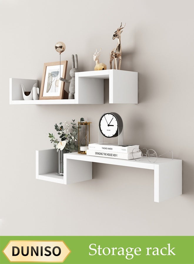 DUNISO TWO-Layer Floating Shelves, Decorative Wall Shelves，Wooden Storage Rack，Free Combination，Suitable for Living Room, Bedroom, Bathroom，White - Image 1