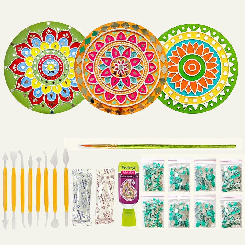 Decordial lippan Art Materials DIY kit with 3 premarked Mandala MDF Board Decorative Mirrors Colours Art kit for Kids Adults Wall Decoration for Home Decor