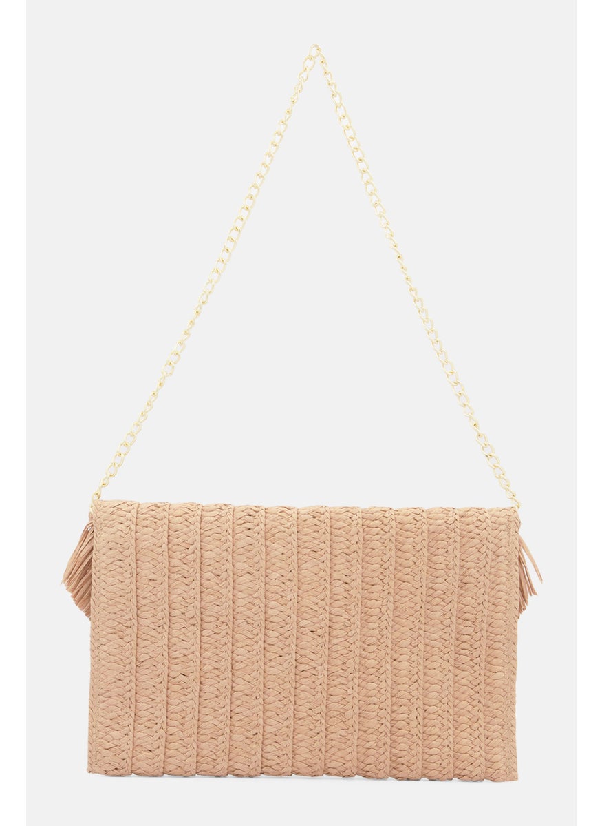Sol And Mer - Women Straw Envelope Pyramid Shoulder Bag 19 H x 29 L x 2 W cm, Brown - Image 1