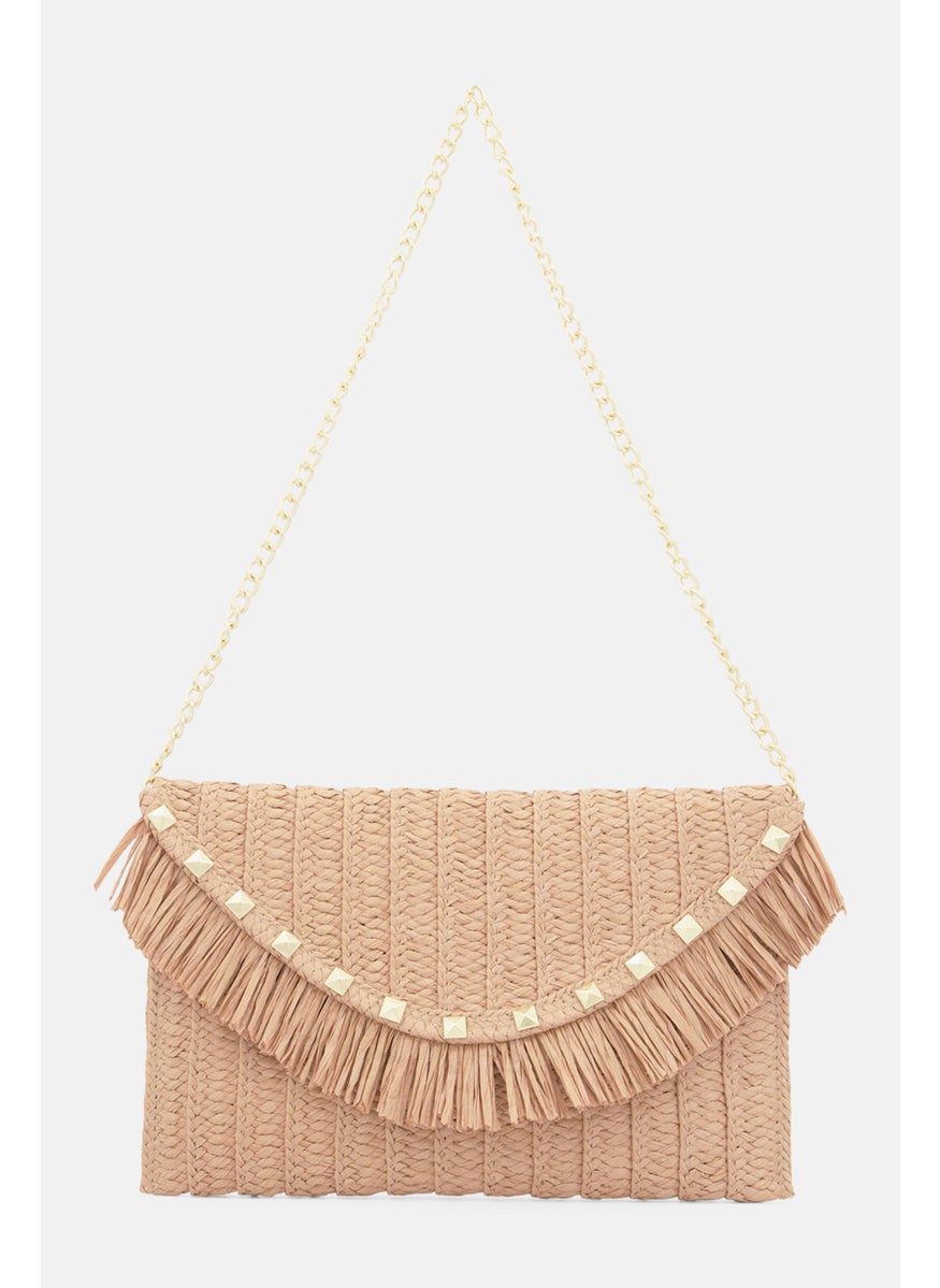 Sol And Mer - Women Straw Envelope Pyramid Shoulder Bag 19 H x 29 L x 2 W cm, Brown - Image 1