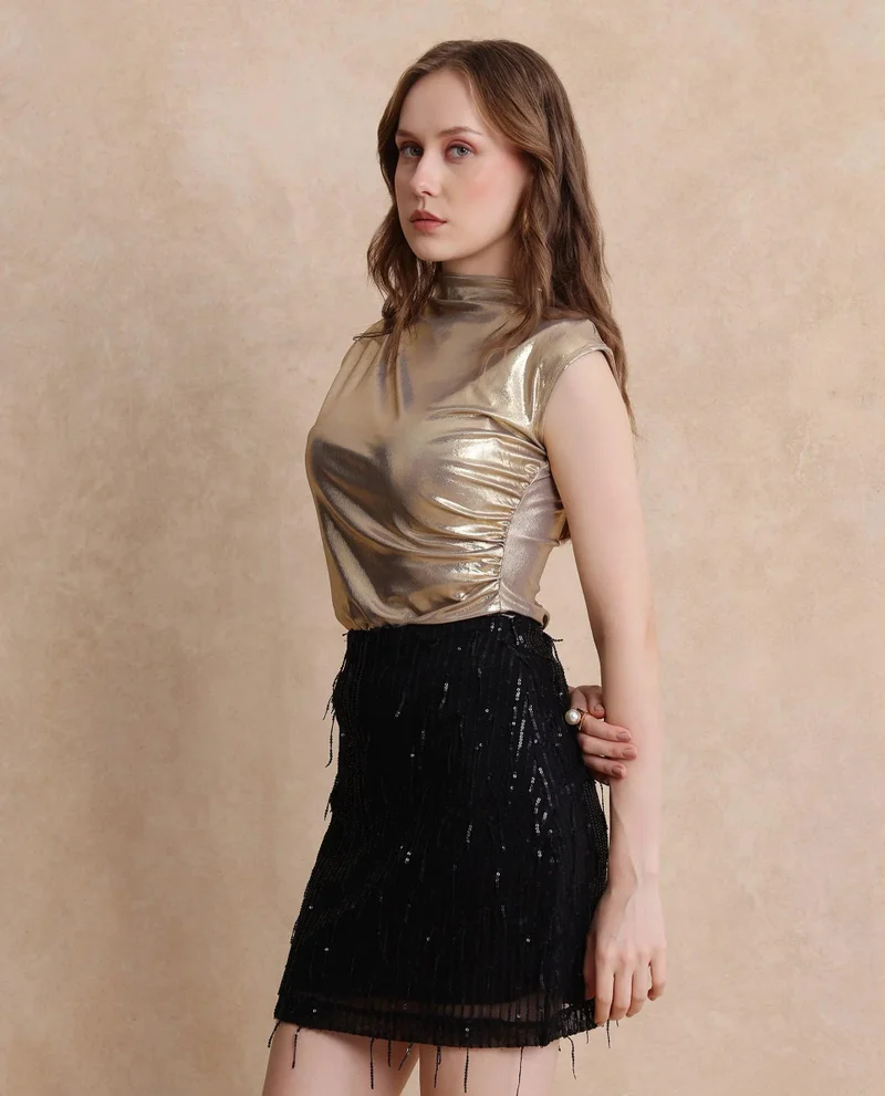 Rareism Women's Metallic High Neck Sleeveless Top