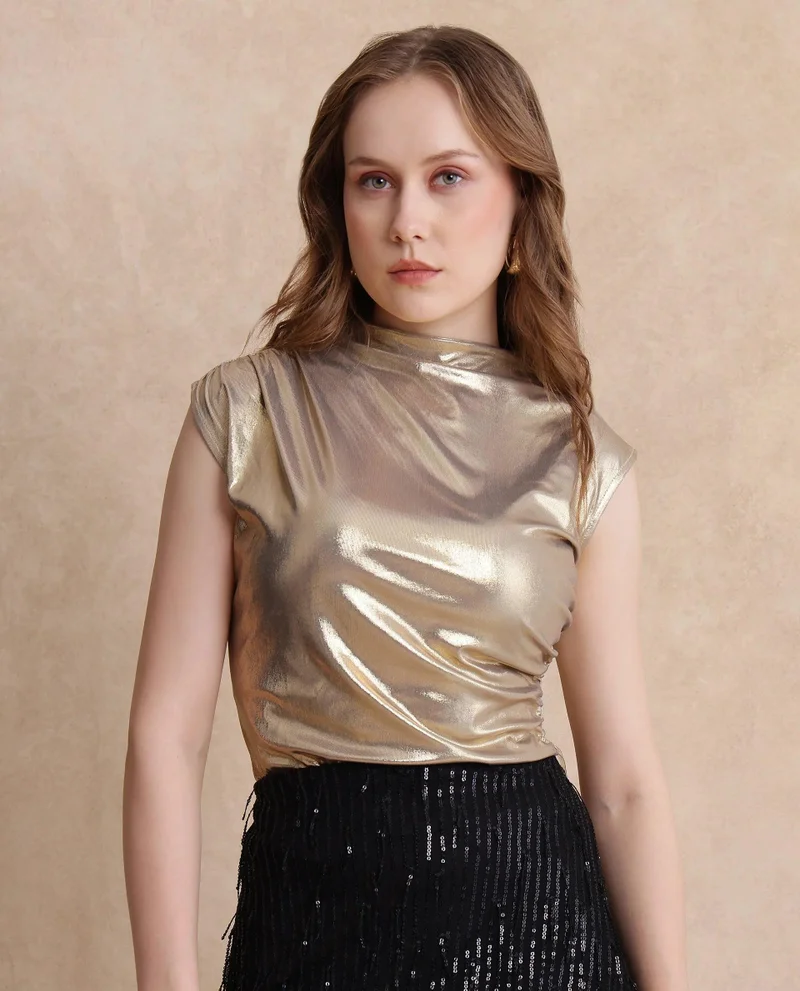 ريريزم Women's Metallic High Neck Sleeveless Top