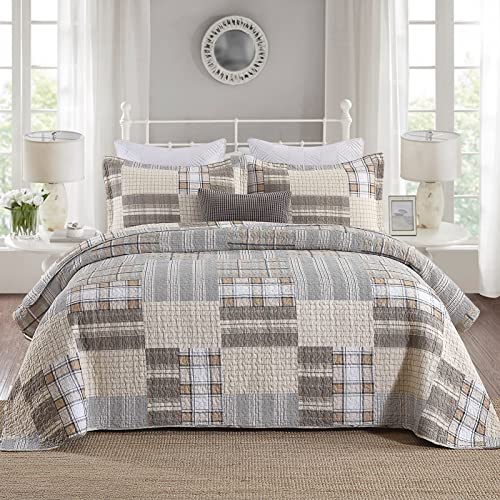 DUOHONG Quilts King Size - King Quilt Bedspread Sets, 100% Cotton Patchwork Quilt Bedding Set for King Bed, 3 Pieces Plaid Farmhouse Reversible Rustic Lightweight Quilted Quilt Bed Spread - Image 1