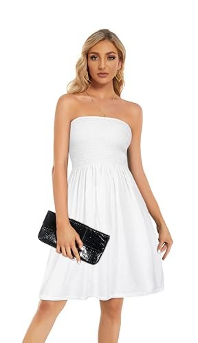 CHICGAL Tube Top Dress for Women White Strapless Dress Summer Mini Dresses Ruffle Beach Sundress.(A Solid White,L) - Image 4