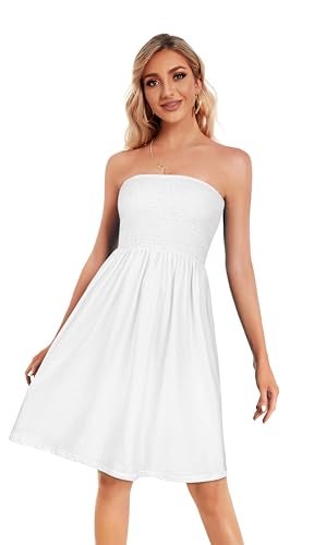 CHICGAL Tube Top Dress for Women White Strapless Dress Summer Mini Dresses Ruffle Beach Sundress.(A Solid White,L) - Image 2