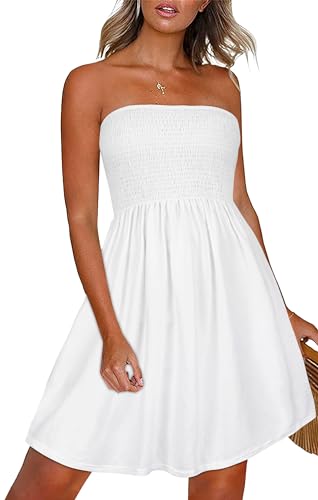 CHICGAL Tube Top Dress for Women White Strapless Dress Summer Mini Dresses Ruffle Beach Sundress.(A Solid White,L) - Image 1