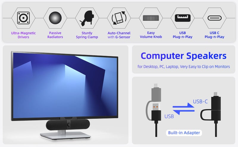 XKX Computer Speakers for Desktop PC, Monitor Speakers with Easy Volume Knob, Sturdy Clamp, Clear Sound, Decent Bass, USB Plug in External Speakers for Laptop, Small PC Soundbar, USB-C Adapter, 5Ft Cable - Image 3