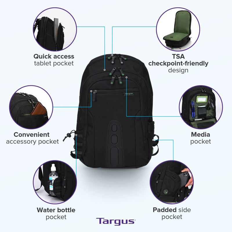 Targus Spruce EcoSmart Travel Laptop Backpack for 17 inch Laptops, TSA-Friendly Carry On Backpack Laptop Bag for Work and Travel, Black (TBB019US) - Image 4