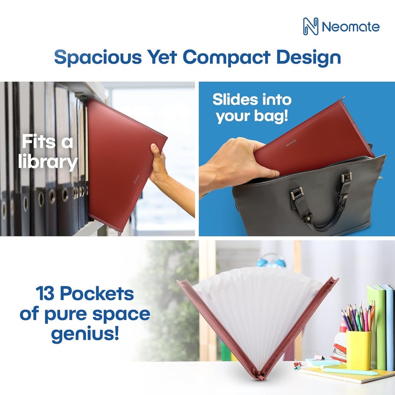 Neomate 13-Pocket Expanding File Folder with Sticky Labels | A4/Letter Size Accordion Organizer with Zipper Closure | Certificate and Document Storage for Home, School, Office (Brown) - Image 5