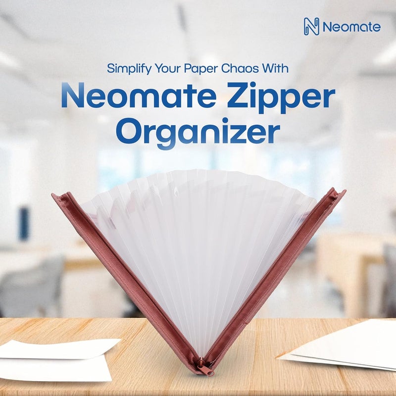 Neomate 13-Pocket Expanding File Folder with Sticky Labels | A4/Letter Size Accordion Organizer with Zipper Closure | Certificate and Document Storage for Home, School, Office (Brown) - Image 3