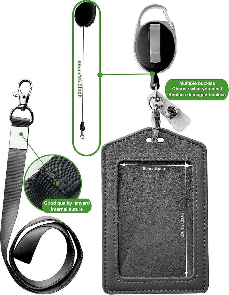 HoAoOo ID Card Case + Heavy Duty Lanyard (Black) + Badge Holder Retractable Reel Carabiner and Plastic Clip (Genuine Leather) - Image 2