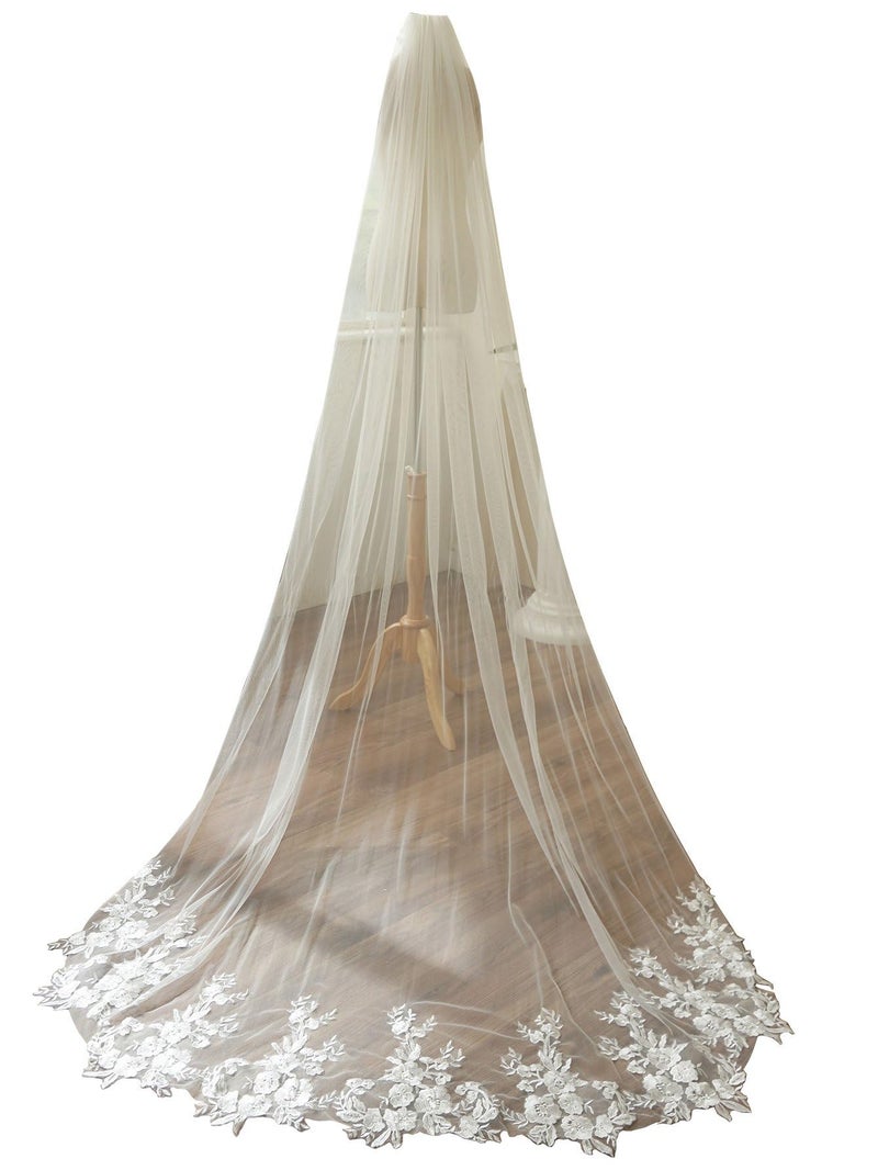 AiberLisha Chapel Length Sequin Lace Floral Wedding Bridal Veil with Comb White - Image 1