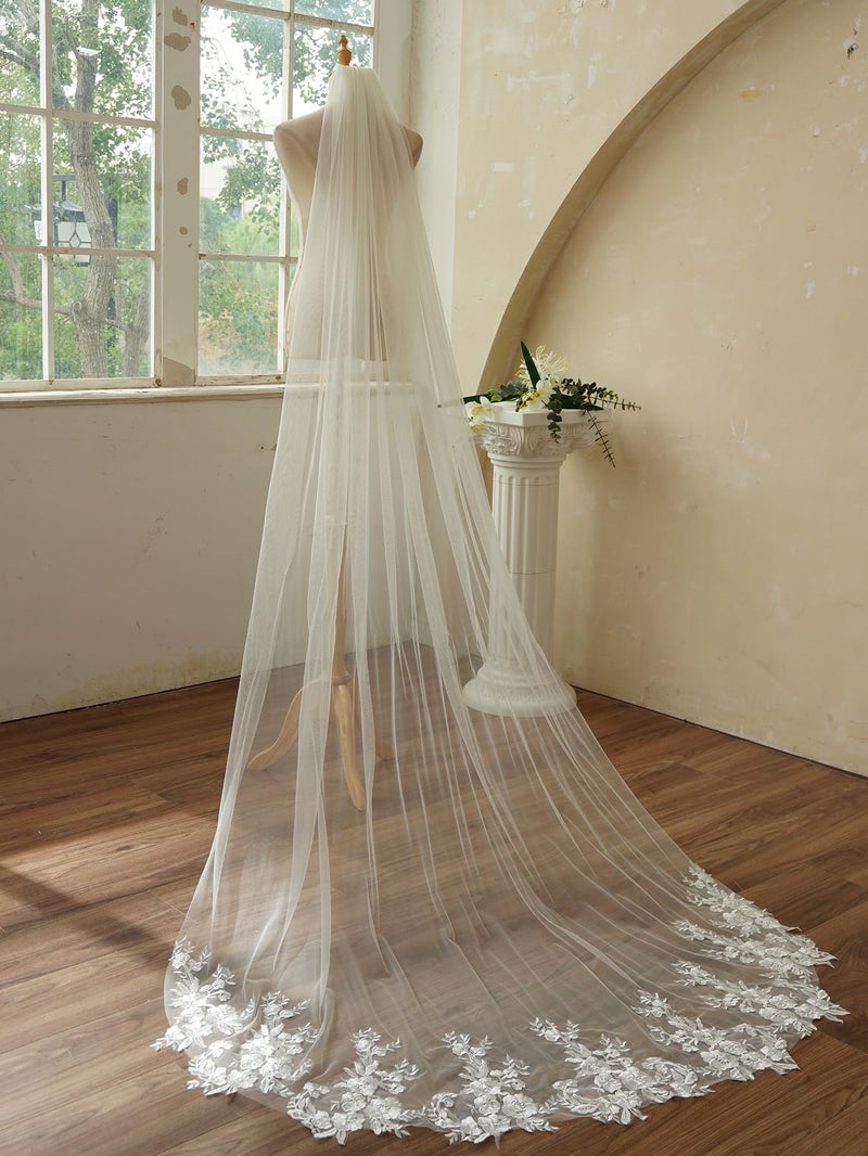 AiberLisha Chapel Length Sequin Lace Floral Wedding Bridal Veil with Comb White - Image 3