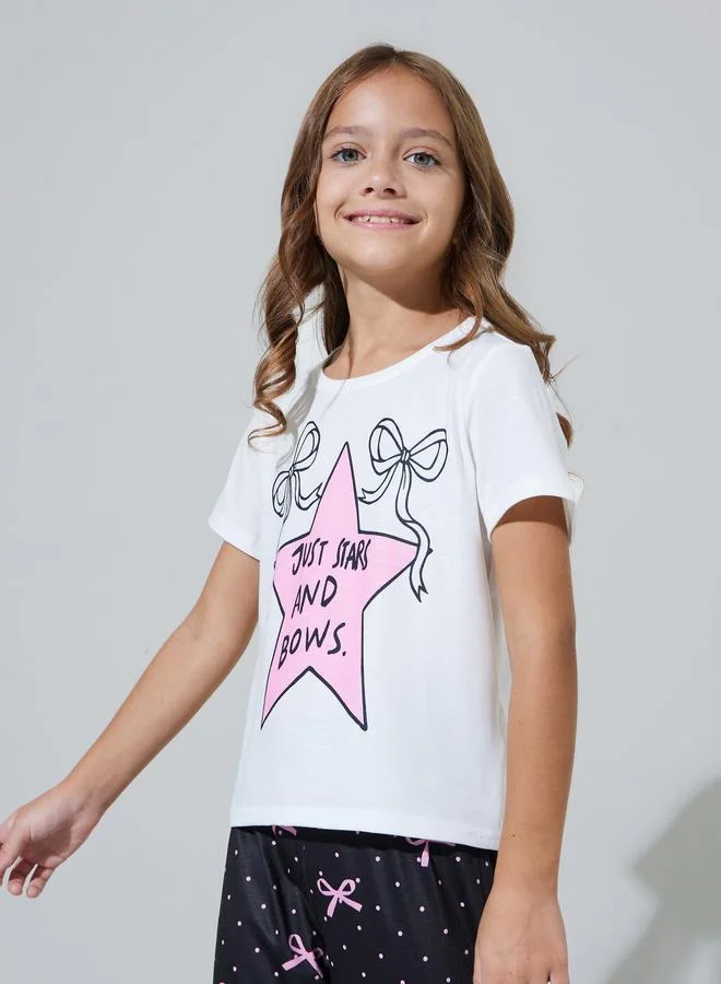 Styli Girls White Star And Bow Print T-Shirt And Cuffed Hem Pants Pyjama Set