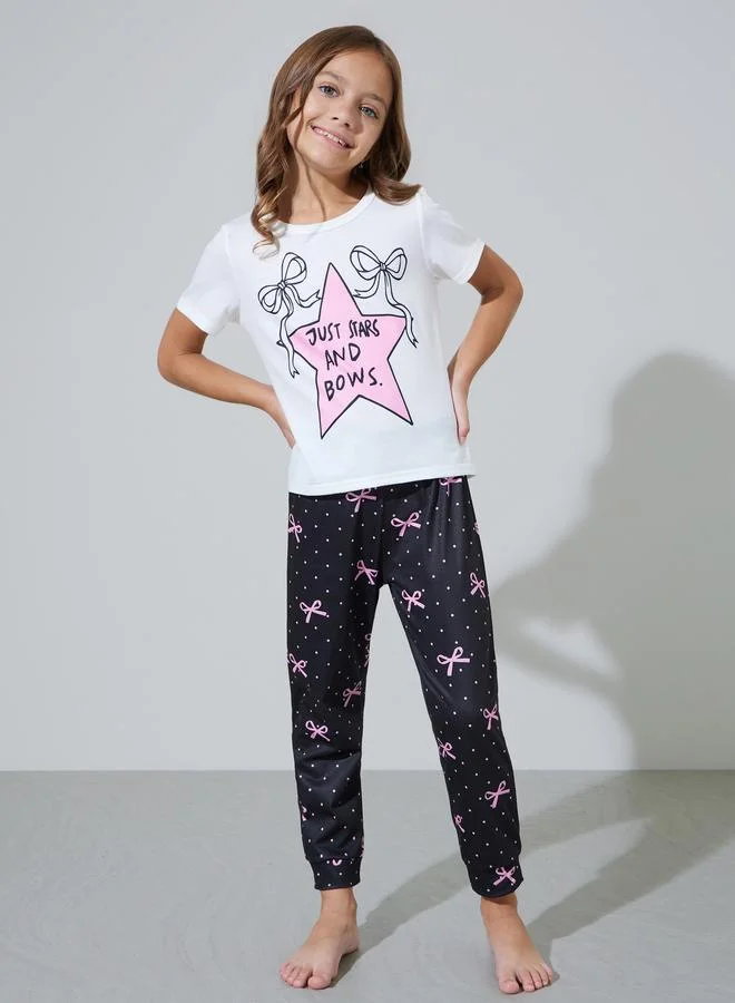 Styli Girls White Star And Bow Print T-Shirt And Cuffed Hem Pants Pyjama Set