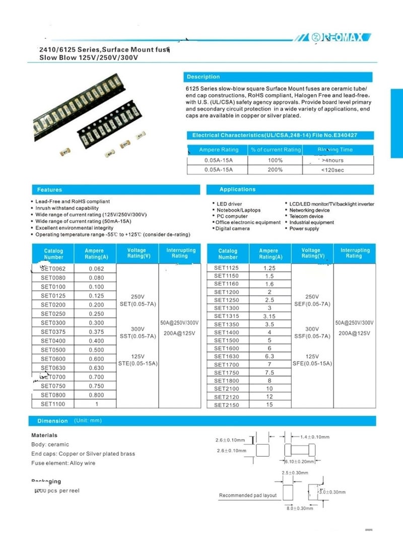 10 قطعة 21 26 10 قطعة 2.5A 1808 فيوز سريع الانصهار 0.5A إلى 15A 125V 250V AC فائق السرعة - Image 1