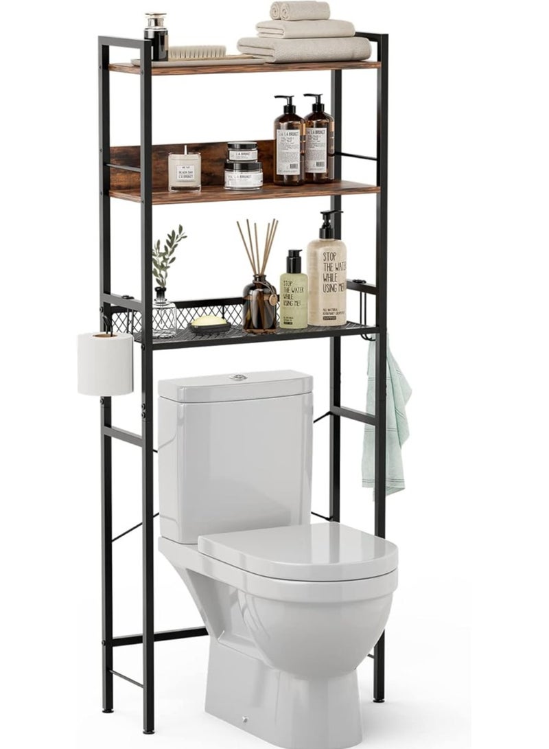 خزين فوق المرحاض منظم حمام قائم بذاته من 3 طبقات مع طبقة شبكية رف مرحاض متعدد الوظائف موفر للمساحة ورفوف كبيرة رترو تناسب الشقة والمنزل - Image 1