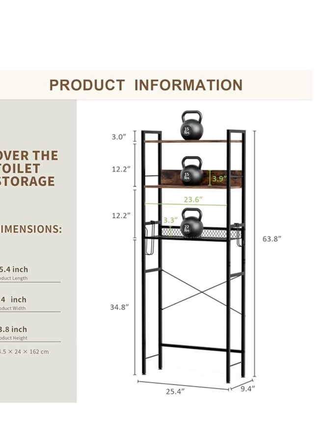خزين فوق المرحاض منظم حمام قائم بذاته من 3 طبقات مع طبقة شبكية رف مرحاض متعدد الوظائف موفر للمساحة ورفوف كبيرة رترو تناسب الشقة والمنزل - Image 2