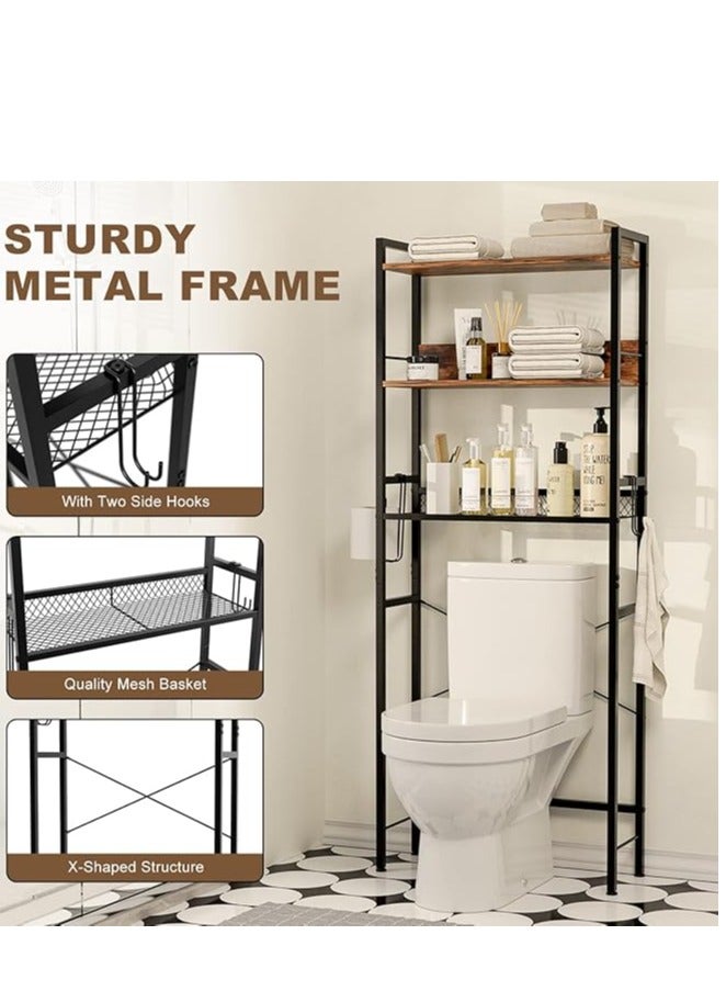 خزين فوق المرحاض منظم حمام قائم بذاته من 3 طبقات مع طبقة شبكية رف مرحاض متعدد الوظائف موفر للمساحة ورفوف كبيرة رترو تناسب الشقة والمنزل - Image 3