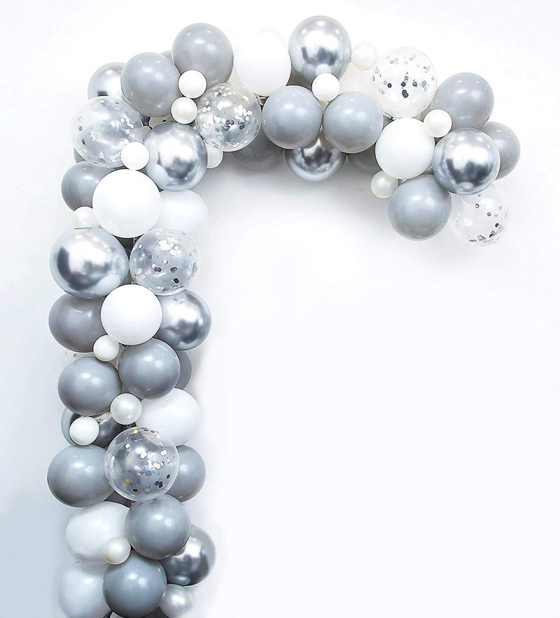 PARTY TIME  Set of 103 Balloon Sets for Birthday Wedding Christening and Themed Party Decorations Latex Balloons Metallic Silver White and Standard Silver with Gold Confetti - Image 2