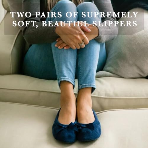 isotoner Women's 2 Pack Microterry Ballerina Slippers with Satin Bow, Suede Sole, and Terry Lining Ballet Flat, Periwinkle Quilted, Ash Solid, 5-6 - Image 4
