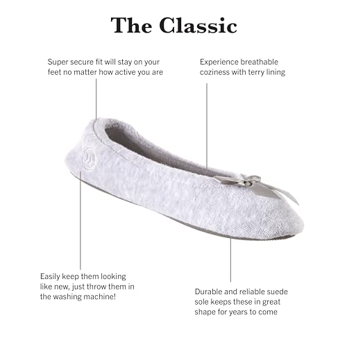 isotoner Women's 2 Pack Microterry Ballerina Slippers with Satin Bow, Suede Sole, and Terry Lining Ballet Flat, Periwinkle Quilted, Ash Solid, 5-6 - Image 2