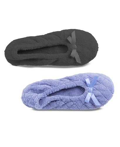 isotoner Women's 2 Pack Microterry Ballerina Slippers with Satin Bow, Suede Sole, and Terry Lining Ballet Flat, Periwinkle Quilted, Ash Solid, 5-6 - Image 3