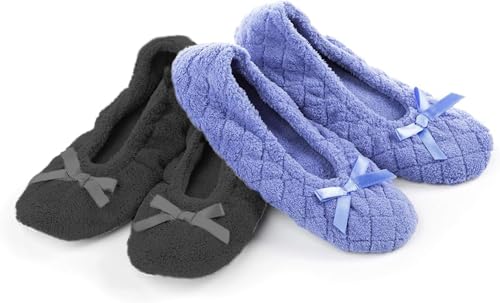 isotoner Women's 2 Pack Microterry Ballerina Slippers with Satin Bow, Suede Sole, and Terry Lining Ballet Flat, Periwinkle Quilted, Ash Solid, 5-6 - Image 1
