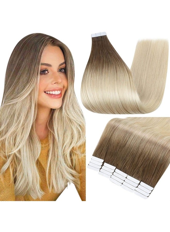 Fshine Extensions Human Hair Natural Balayage Tape in Human Hair Extensions 14inch Brown Fading to Platinum Blonde Hair 20Pieces 50Grams Straight Tape ins Human Hair Extensions - Image 1