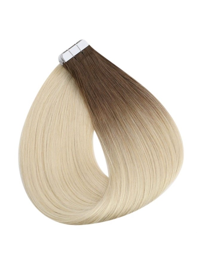 Fshine Extensions Human Hair Natural Balayage Tape in Human Hair Extensions 14inch Brown Fading to Platinum Blonde Hair 20Pieces 50Grams Straight Tape ins Human Hair Extensions - Image 5