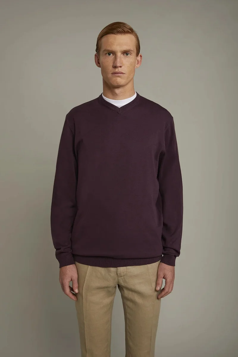 دوبل غانغر Men's v neck sweater 100% cotton regular fit - Bordeaux