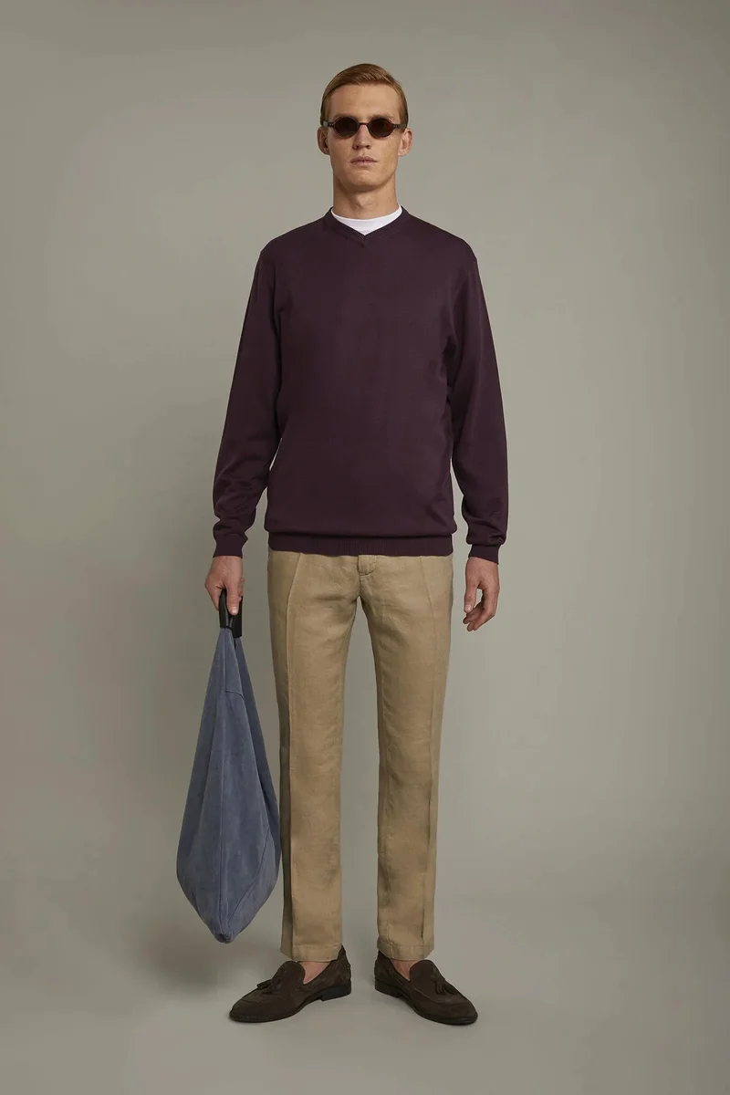 دوبل غانغر Men's v neck sweater 100% cotton regular fit - Bordeaux