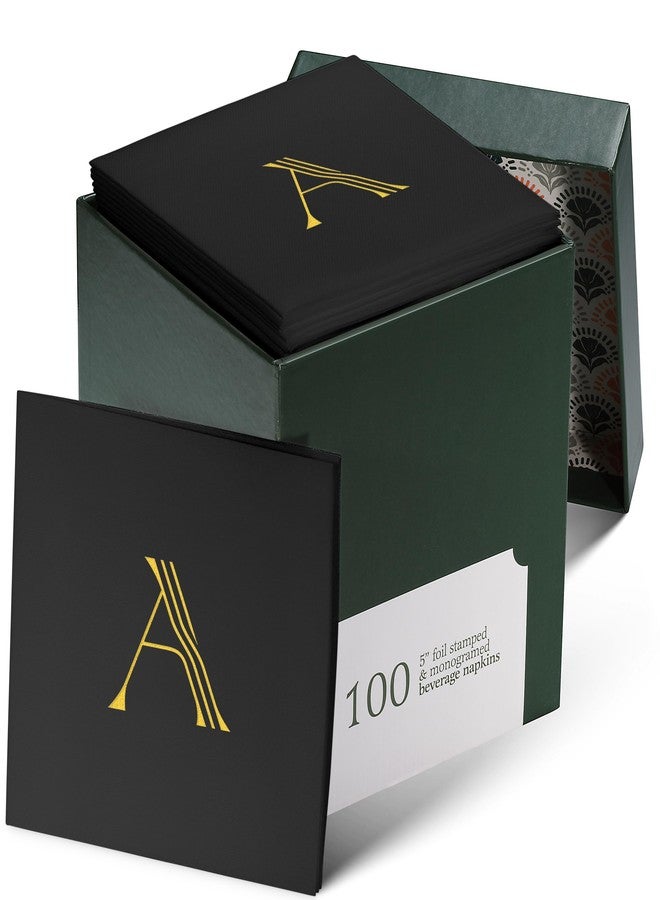 BloominGoods 100 Pack Disposable Monogrammed Cocktail Napkins Black, 5"x5" Linen-Feel Gold Foil Letter A Paper Napkins, Initial White Beverage Napkins For Wedding, Party, Bar Or Holiday - Image 1
