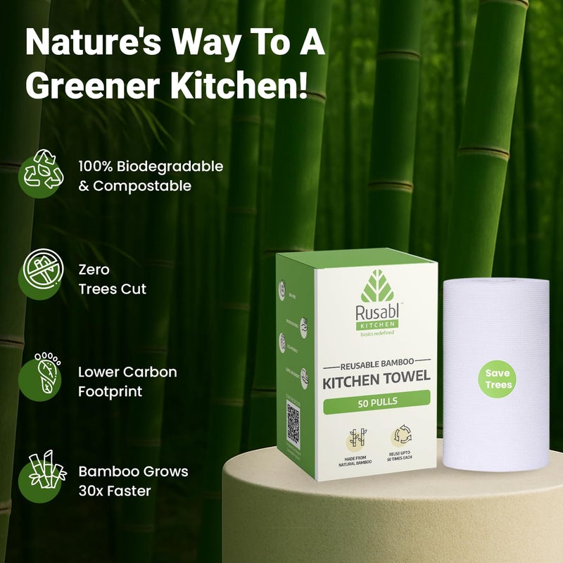 Rusabl لفافة مناشف المطبخ من الخيزران للتنظيف | 100 ورقة قابلة لإعادة الاستخدام | ليست لفافة ورق مناديل، قماش مطبخ | صديقة للبيئة وقابلة للتحلل | خالية من الكلور (11" × 12" ورقات مثقوبة) (عبوة من 2) - Image 4