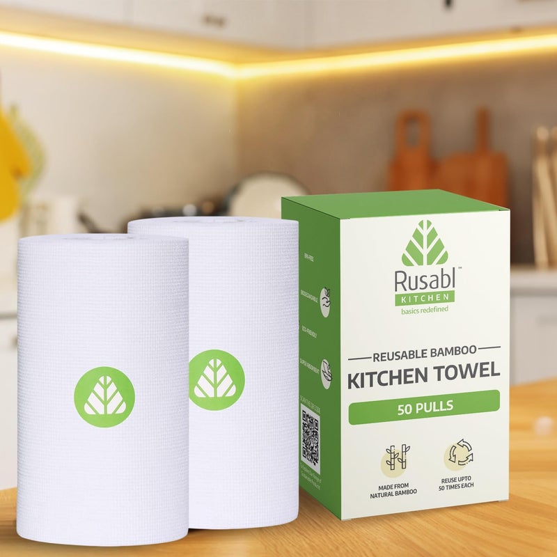 Rusabl لفافة مناشف المطبخ من الخيزران للتنظيف | 100 ورقة قابلة لإعادة الاستخدام | ليست لفافة ورق مناديل، قماش مطبخ | صديقة للبيئة وقابلة للتحلل | خالية من الكلور (11" × 12" ورقات مثقوبة) (عبوة من 2) - Image 1