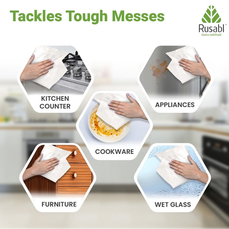 Rusabl لفافة مناشف المطبخ من الخيزران للتنظيف | 100 ورقة قابلة لإعادة الاستخدام | ليست لفافة ورق مناديل، قماش مطبخ | صديقة للبيئة وقابلة للتحلل | خالية من الكلور (11" × 12" ورقات مثقوبة) (عبوة من 2) - Image 2