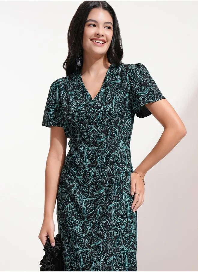 Tokyo Talkies All-Over Print V-Neck A-Line Midi Dress