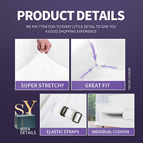 ZNSAYOTX Oversized Velvet Couch Cover 4 Piece (92"-115") Stretch Sofa Covers for 3 Cushion Couch Thick Soft XL-Slipcover with Non Slip Strap, Dog Pet Friendly Nice Furniture Protector (White) - Image 4