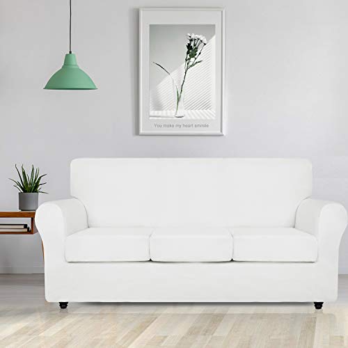 ZNSAYOTX Oversized Velvet Couch Cover 4 Piece (92"-115") Stretch Sofa Covers for 3 Cushion Couch Thick Soft XL-Slipcover with Non Slip Strap, Dog Pet Friendly Nice Furniture Protector (White) - Image 2