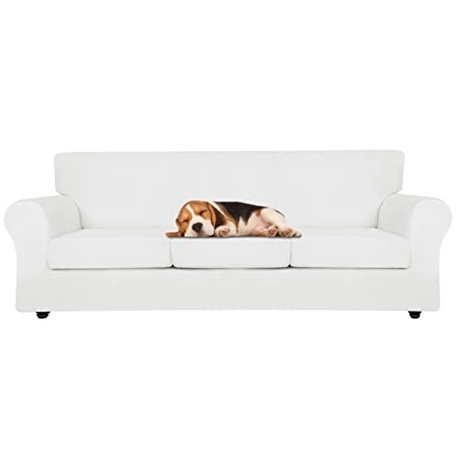 ZNSAYOTX Oversized Velvet Couch Cover 4 Piece (92"-115") Stretch Sofa Covers for 3 Cushion Couch Thick Soft XL-Slipcover with Non Slip Strap, Dog Pet Friendly Nice Furniture Protector (White) - Image 1