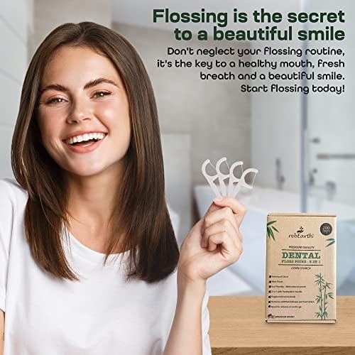 rebEarth Natural Dental Floss Picks - Oral Care Dental Pick w/Mint Flavored Toothpicks, 2-in-1 Natural Floss & Toothpicks, Plant-Based Dental Flossers, Tooth Floss Picks w/Tongue Cleaner (200 Count) - Image 2