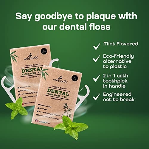 rebEarth Natural Dental Floss Picks - Oral Care Dental Pick w/Mint Flavored Toothpicks, 2-in-1 Natural Floss & Toothpicks, Plant-Based Dental Flossers, Tooth Floss Picks w/Tongue Cleaner (200 Count) - Image 5