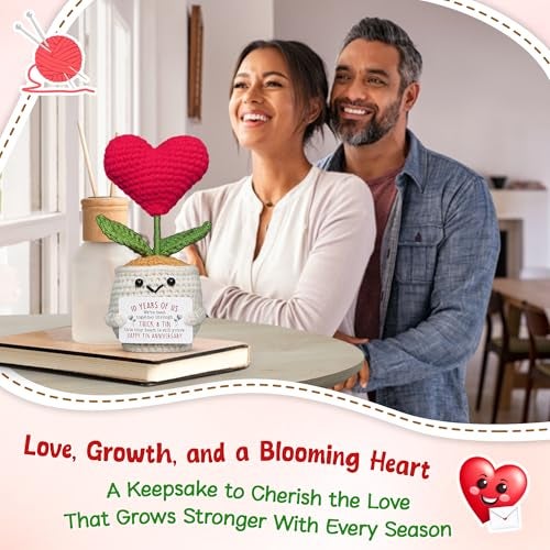 OASSIE 10 Year Anniversary Wedding Gifts for Men Women - Romantic Heart Flower Pot Crochet with Card - Tin Anniversary Couple Gifts for Him Her - Image 5